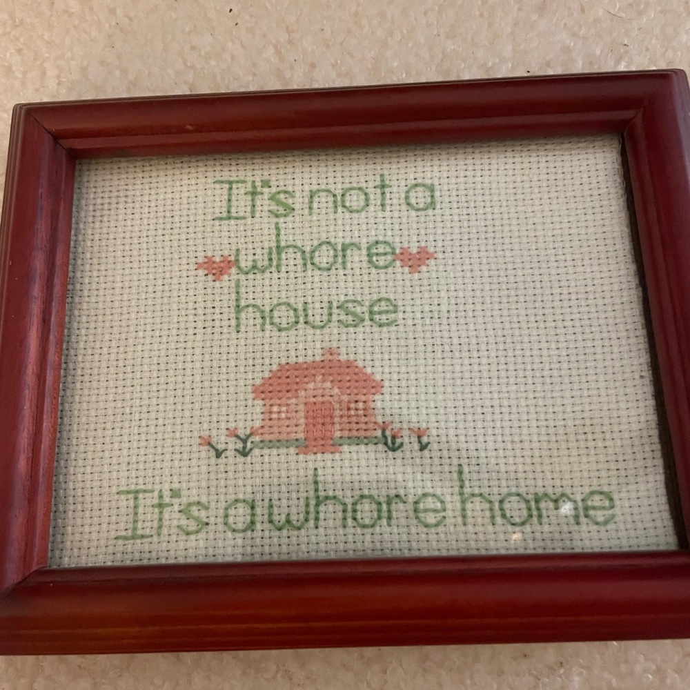 Humorous Cross-Stitch Art with Red Frame